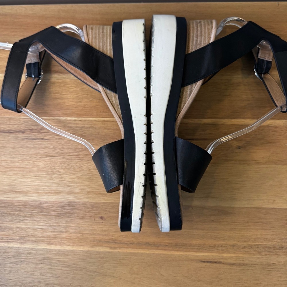 Jo Mercer Women 11 EU 42 Black Leather Wedge Heel Sandals Ankle Strap White Sole - Picture 5 of 16